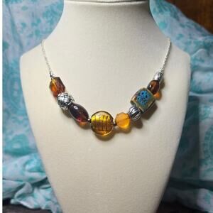SAQ by Avon Vintage Necklace Multi Beads and Glass Gems Silver Tone Chain